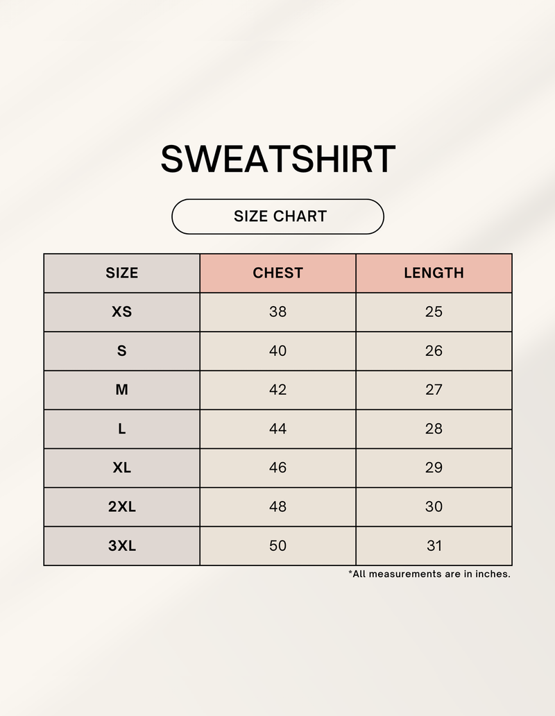 Size chart for Unisex Sweatshirt