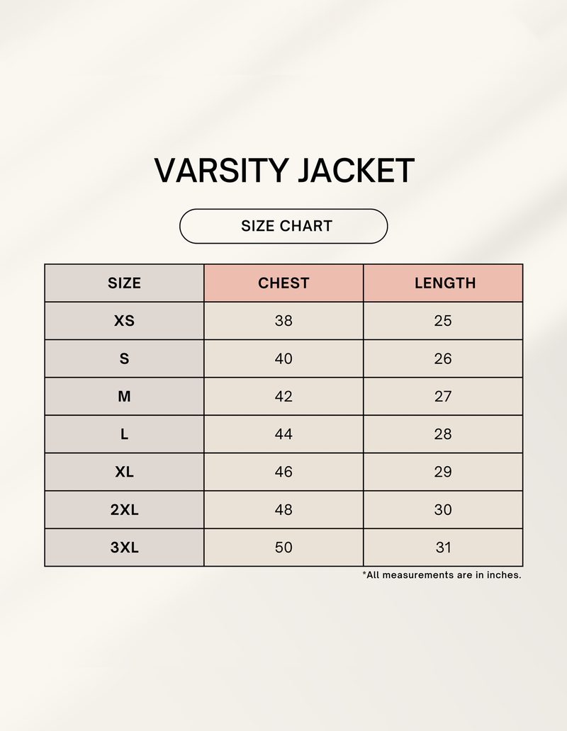 Size chart for Gost - Unisex Varsity Jacket