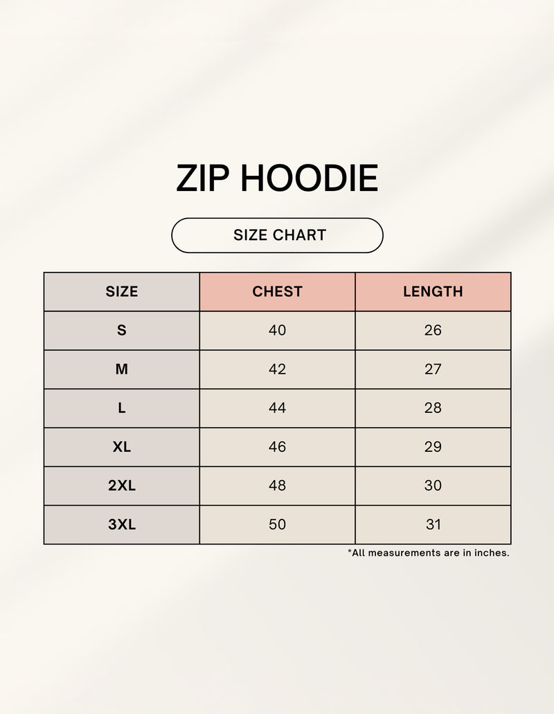 Size chart for Unisex Zip Hoodie