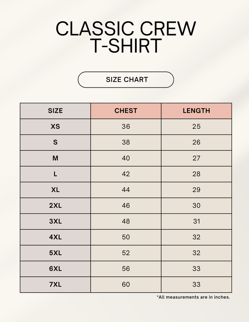 Size chart for Moon - Unisex Classic Crew T-Shirt